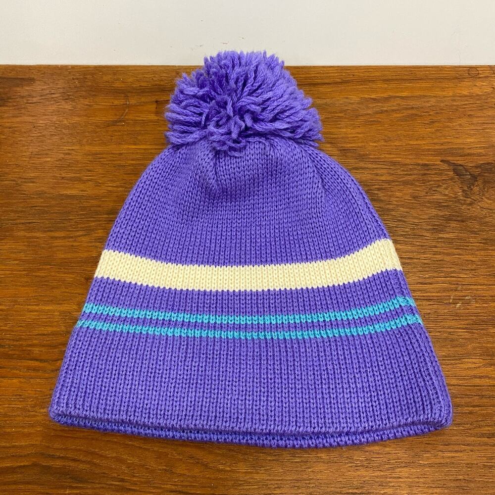 Vintage Meister 100% Wool Knit Pom Beanie‎ Purple Blue Striped Ski Hat Hong Kong